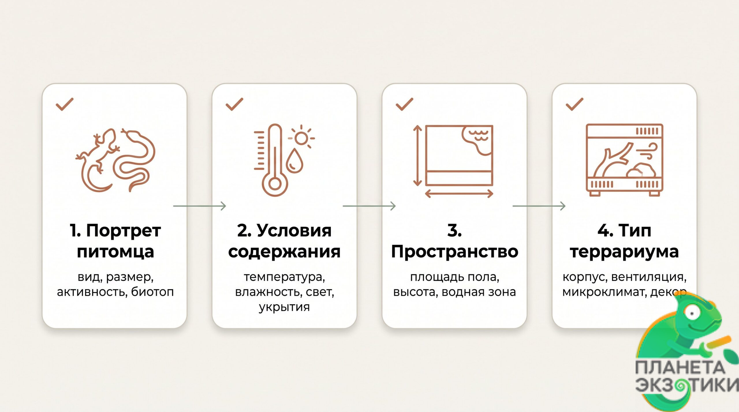 Почему выбор начинается с требований питомца Современная аккуратная иллюстрация: на нейтральном фоне стоит террариум, внутри которого разные зоны уже подстроены под конкретное животное — тёплый освещённый участок с камнем